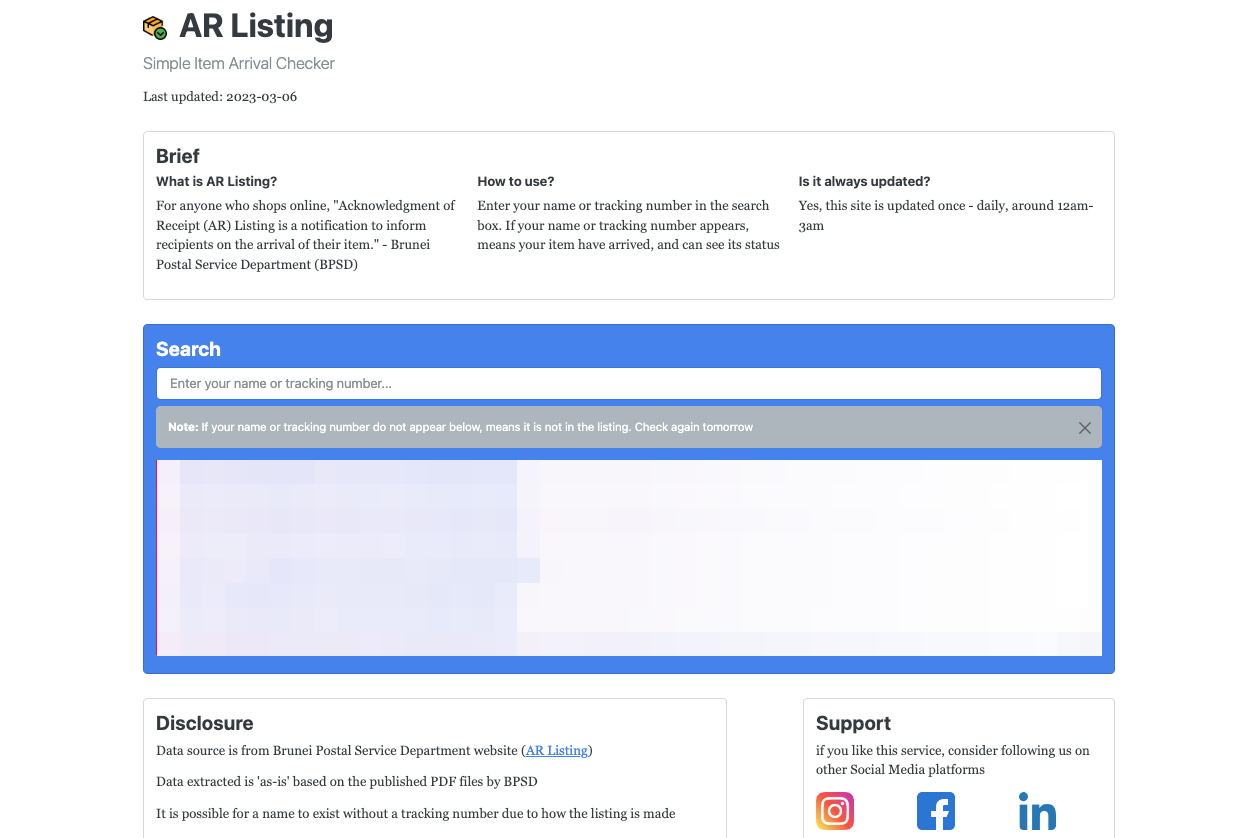 AR Listing web interface with search and results