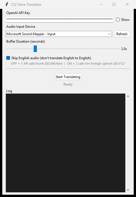 CS2 Translator settings window with API key, audio device and buffer settings