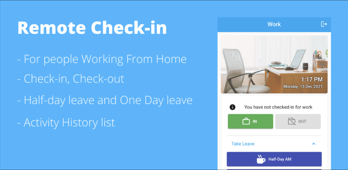Remote Check-in feature graphic listing check-in, check-out, leave and activity history